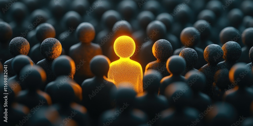 Fototapeta premium Silhouettes of people standing in darkness with one person glowing, symbolizing unity and focus amidst diversity.