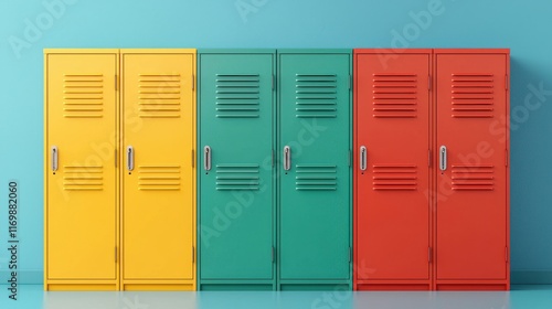 Colorful School Lockers in Yellow, Green, and Red Against Blue Wall