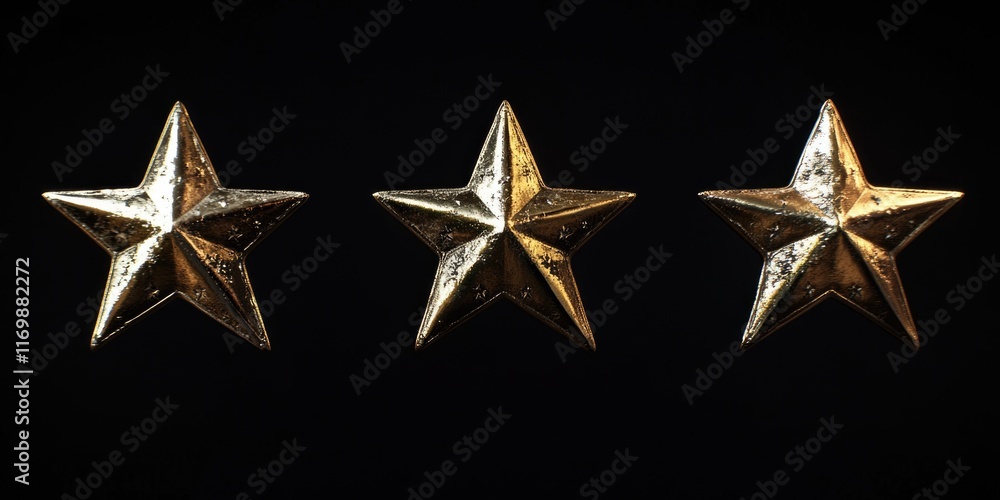 Obraz premium Three gold stars are shown on a black background. The stars are shiny and appear to be made of gold. The image has a luxurious and elegant feel to it