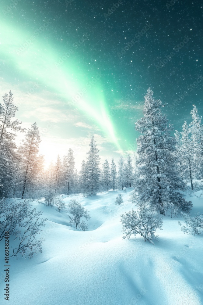 Beautiful aurora and winter landscape with snow forest. Beautiful aurora and winter landscape with snow forest.