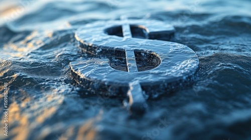 Stone Dollar Sign Sinks Beneath Dark Waves; Financial Crisis?