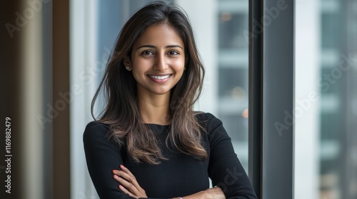 Smiling businesswoman with arms crossed, standing by a window. Ideal for business, success, and leadership concepts. Free Download Smiling businesswoman with arms crossed, standing by a window. Ideal for business, success, and leadership concepts. - GFXLoad