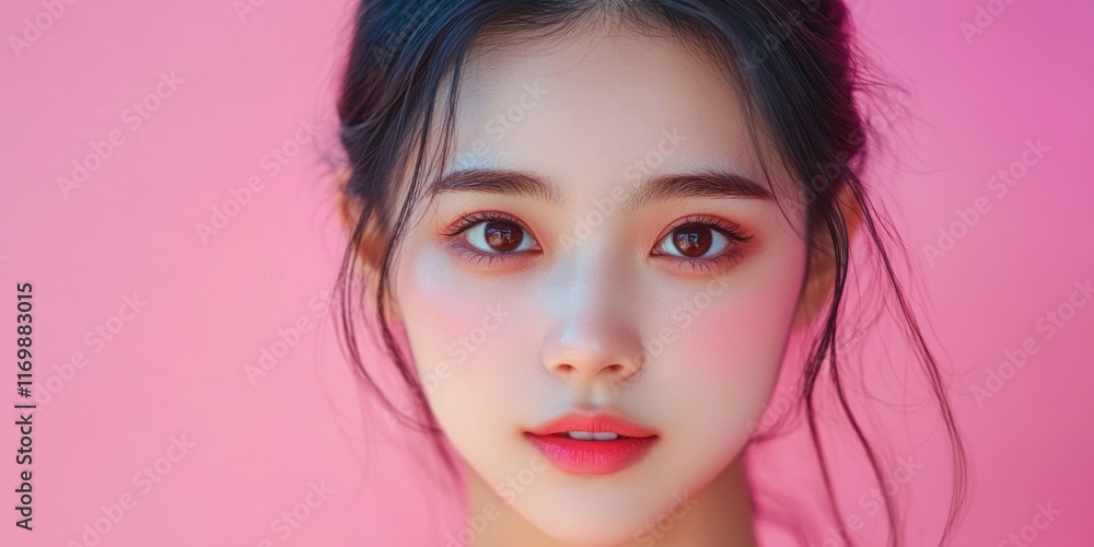 A young woman with pink makeup, showing a detailed and colorful portrait on a pink background. The image captures the woman's expression and features her in a close-up shot that highlights her beauty. A young woman with pink makeup, showing a detailed and colorful portrait on a pink background. The image captures the woman's expression and features her in a close-up shot that highlights her beauty.