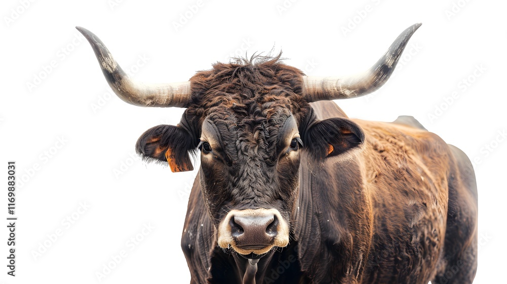 Naklejka premium A strong, dark brown bull with long horns looking at the camera on a clear background, created for an animals fighter concept