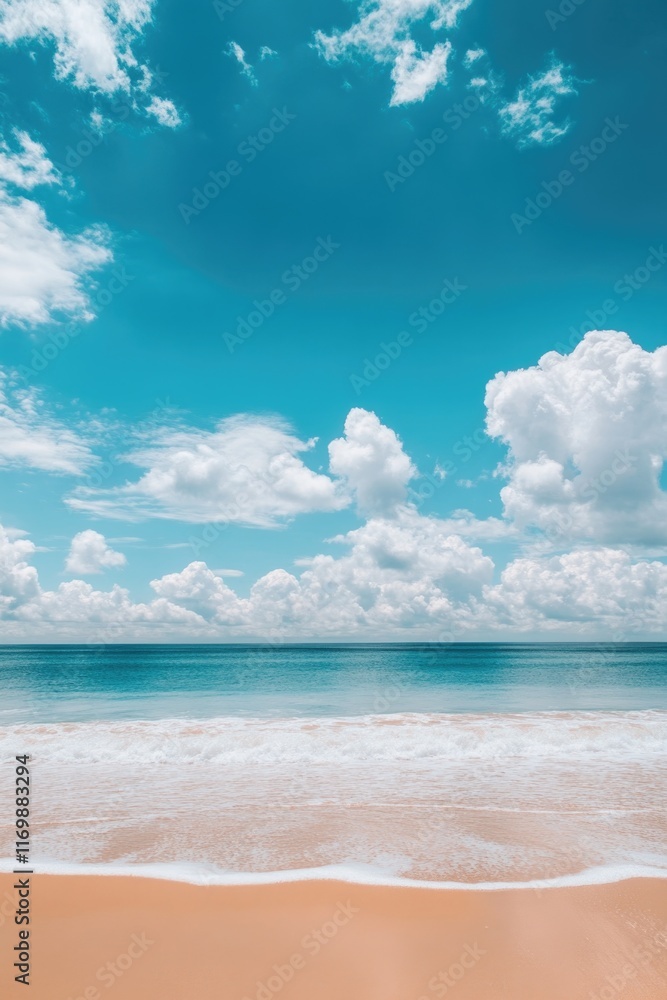 Fototapeta premium Sandy beach with gentle waves, clear blue ocean and sky.