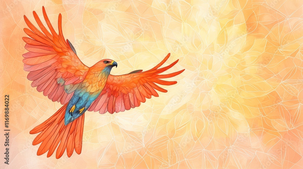 Vibrant Parrot in Flight Against a Soft Orange Floral Background