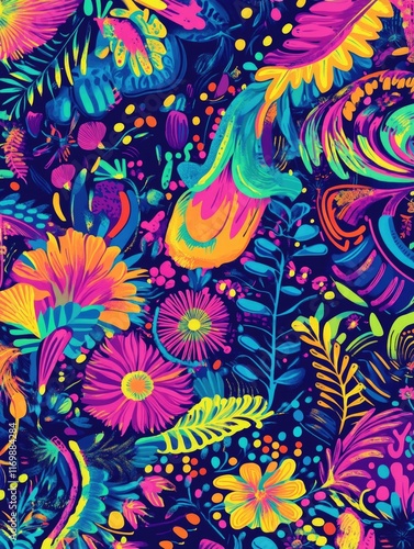 Vibrant, colorful floral pattern with a psychedelic vibe. Ideal for clothing, wallpaper, and textile art.