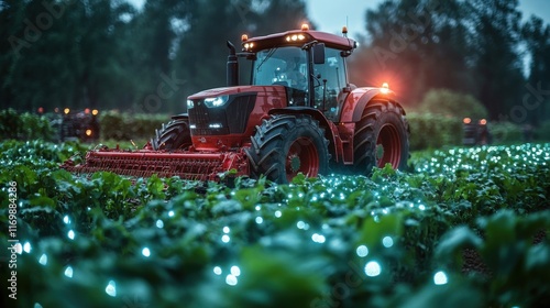 Red tractor harvests at night, illuminated by soft blue lights in the field.