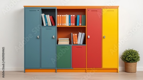 Colorful Modern Storage Cabinet with Books and Green Plant