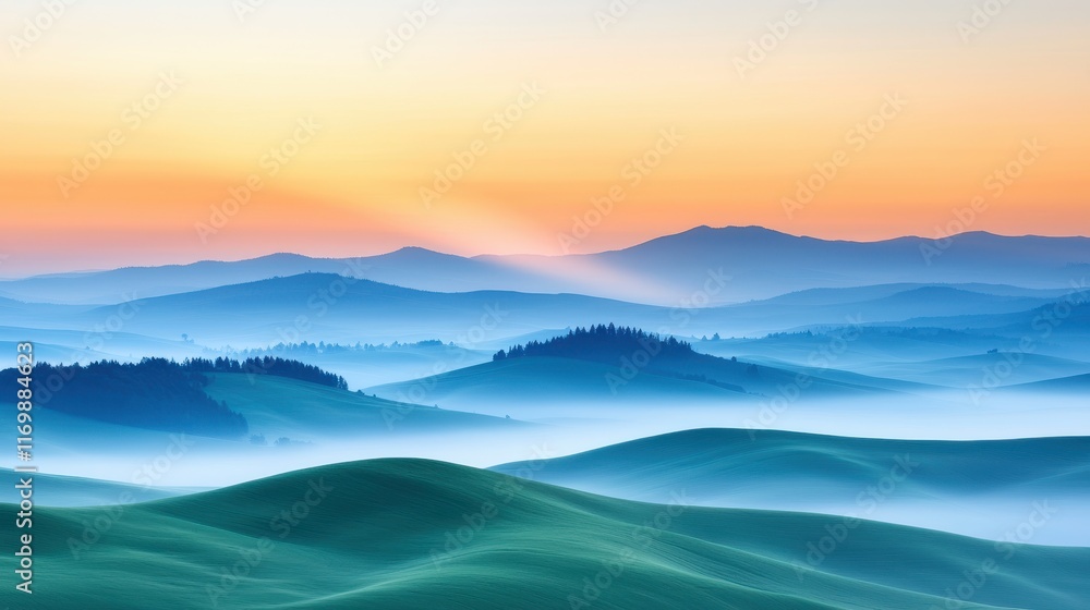 Serene Sunrise Over Rolling Hills and Misty Valleys at Dawn Serene Sunrise Over Rolling Hills and Misty Valleys at Dawn