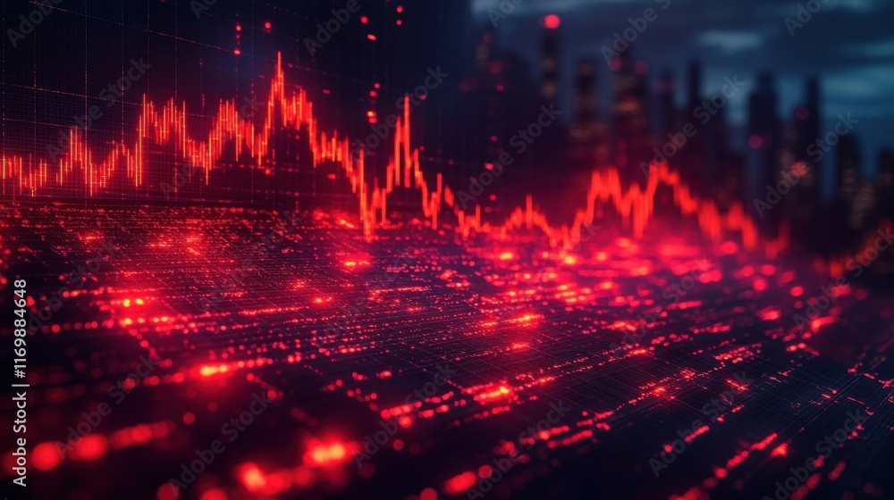 Fototapeta premium Crimson Crash: A City's Skyline Under Economic Siege