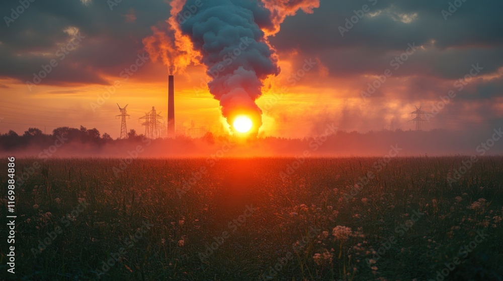 Fototapeta premium Crimson Sunset, Smog-Shrouded Sun; Industrial Landscape