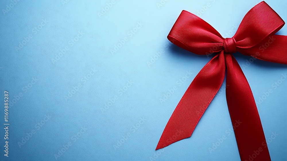 A Red Ribbon Bow on Light Blue Background A Red Ribbon Bow on Light Blue Background