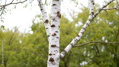 A mature birch tree with its distinctive white bark and slender trunk photo