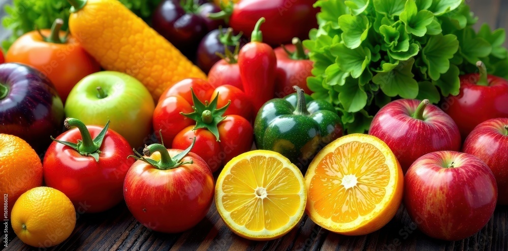A vibrant display of fresh, colorful fruits and vegetables , agriculture, supermarket A vibrant display of fresh, colorful fruits and vegetables , agriculture, supermarket