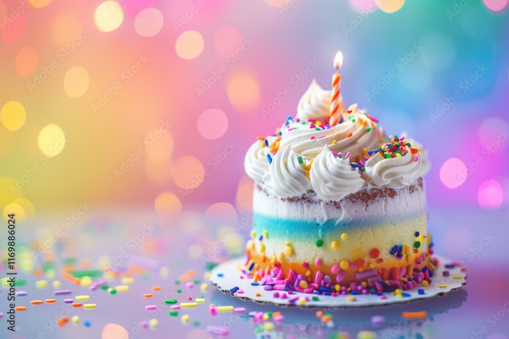 A vibrant and colorful birthday cake with rainbow sprinkles, ready to be enjoyed. A vibrant and colorful birthday cake with rainbow sprinkles, ready to be enjoyed.