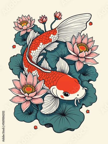 Poster design of a koi fish swimming Amon vector design