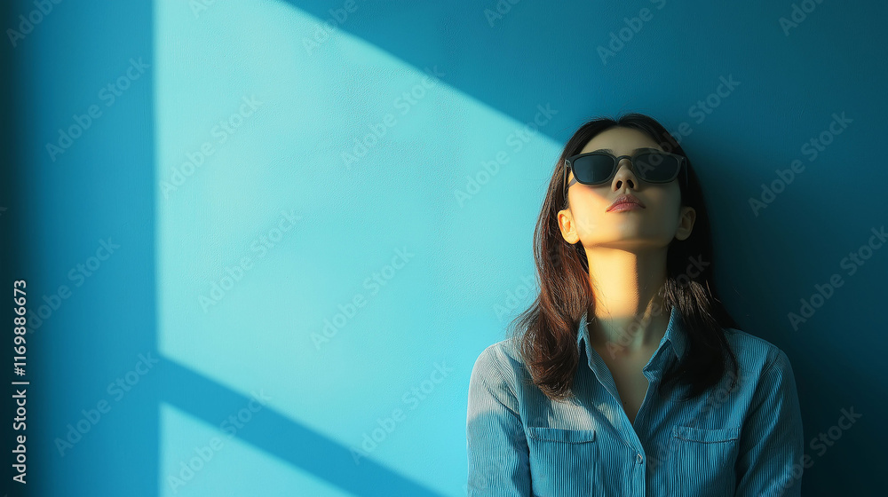 Modern Asian woman wearing sunglasses, leaning against blue wall Modern Asian woman wearing sunglasses, leaning against blue wall