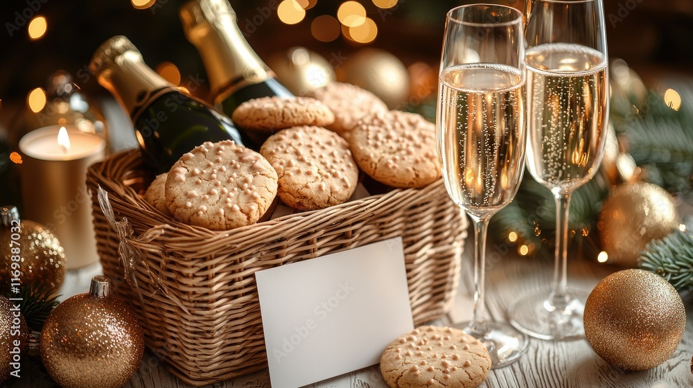 Naklejka premium Festive gift basket with champagne, cookies, and blank card.
