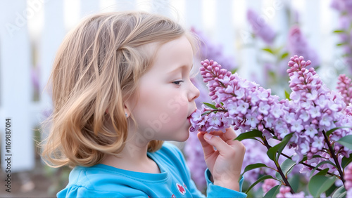 little girl sniffs a lilac photo