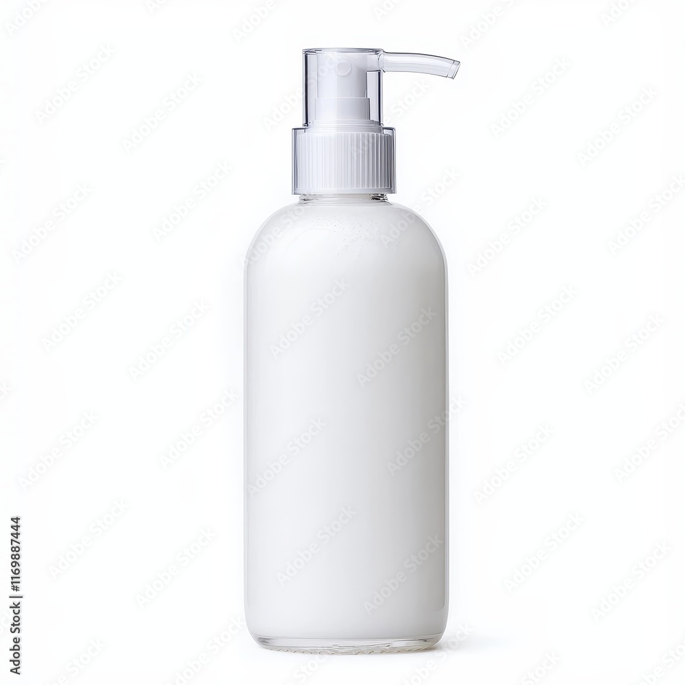 Clear Plastic Pump Bottle with White Creamy Liquid on White Background