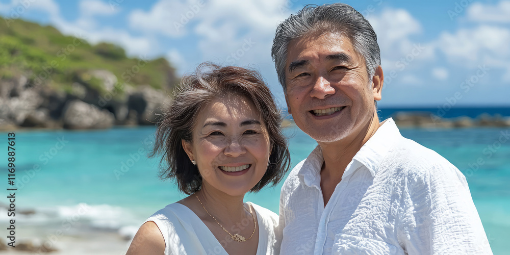 Portrait of a happy senior Asian couple smiling and looking at the sea on the beach, generative AI Portrait of a happy senior Asian couple smiling and looking at the sea on the beach, generative AI
