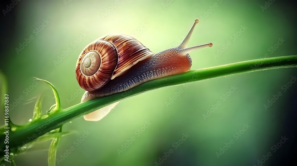 Snail's Journey: A Macro Photography of a Snail on a Green Stem Snail's Journey: A Macro Photography of a Snail on a Green Stem