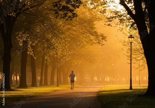 Wallpaper Mural Morning serenity: jogger in sunlit park amongst trees and golden light Torontodigital.ca