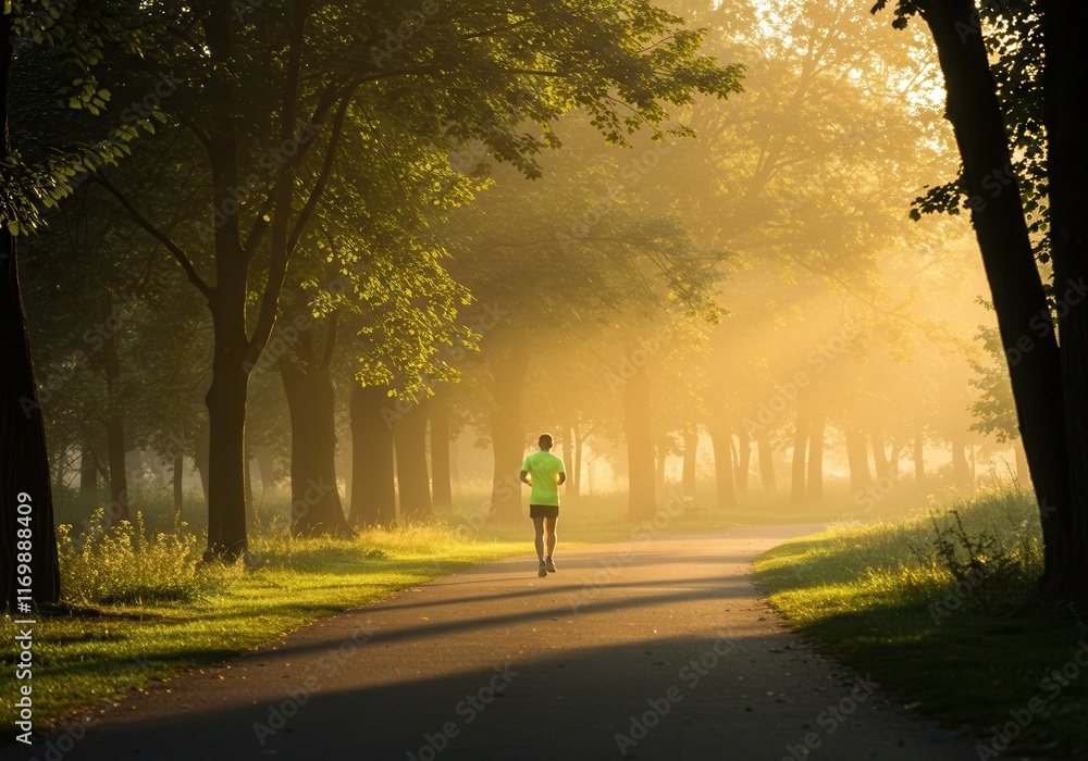 Morning runner in sunlit park forest pathway Morning runner in sunlit park forest pathway