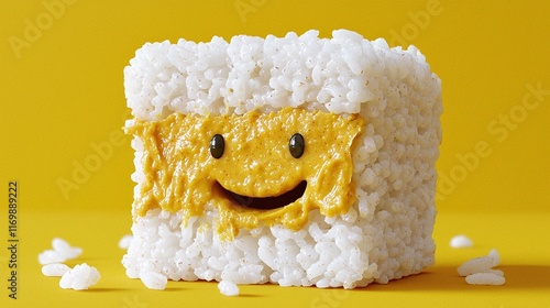 Happy Rice Square Sushi, Yellow Background, Food Blog photo