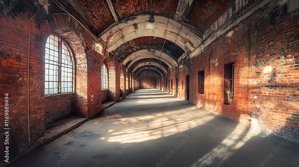 Fototapeta premium Sunlit Ruins: Exploring the Abandoned Brick Corridor
