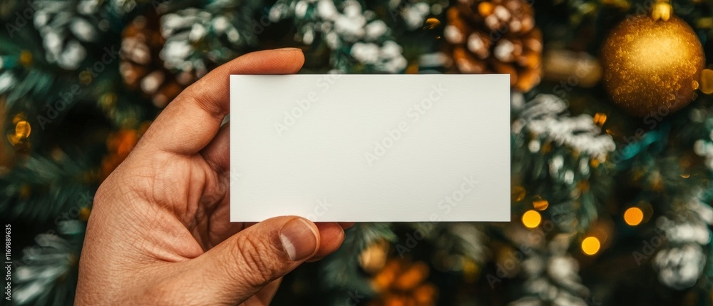 Christmas Gift Card Mockup Hand Holding Blank Card Against Festive Tree Christmas Gift Card Mockup Hand Holding Blank Card Against Festive Tree
