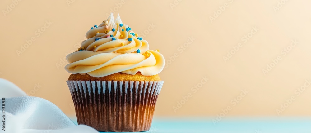 Delicious Vanilla Cupcake with Sprinkles Pastel Background Delicious Vanilla Cupcake with Sprinkles Pastel Background