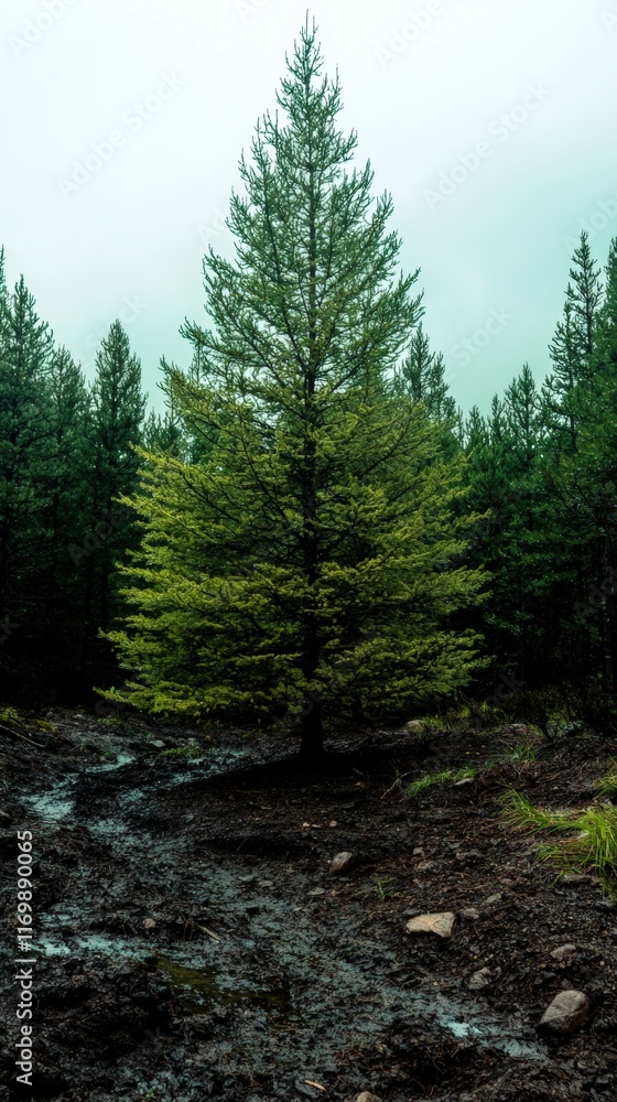 Fototapeta premium Majestic Pine Tree in Forest Mud Path Nature Scene
