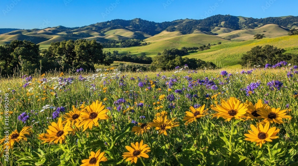 A vibrant landscape filled with wildflowers under a clear blue sky and rolling green hills.