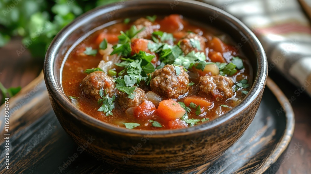 Hearty meatball soup in rustic bowl, garnished with parsley. Perfect for illustrating comfort food, autumn recipes, or hearty meals. Hearty meatball soup in rustic bowl, garnished with parsley. Perfect for illustrating comfort food, autumn recipes, or hearty meals.