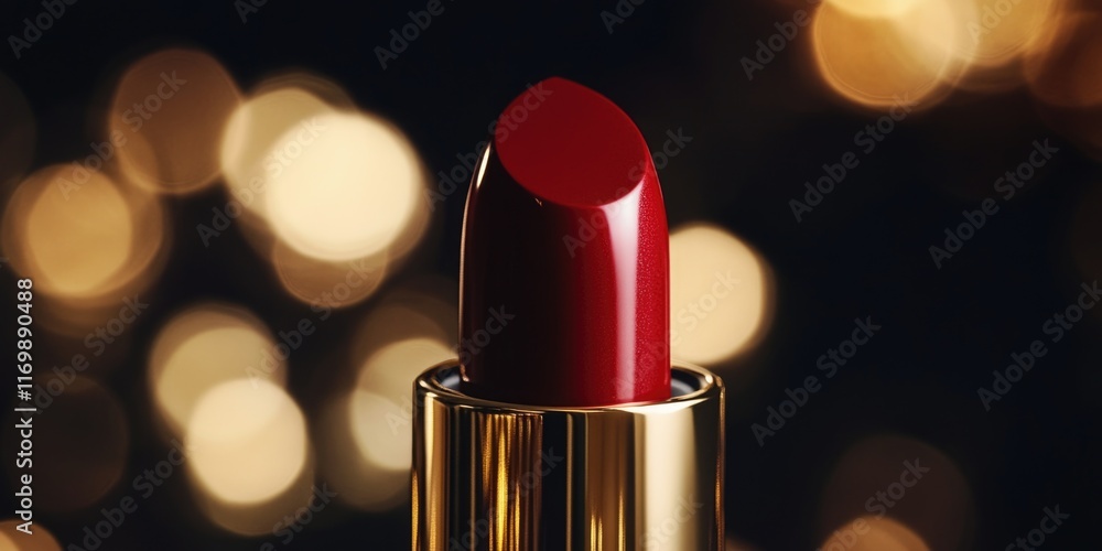 A single shiny red lipstick tube against a bokeh background. A single shiny red lipstick tube against a bokeh background.