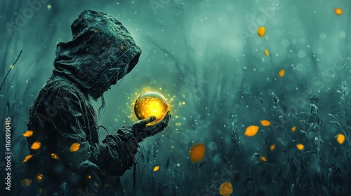 Mysterious figure holding a glowing orb in a foggy landscape enigmatic scene surreal photography ethereal vibes fantasy concept