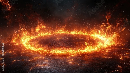 Fiery ring of flames on dark ground, smoky atmosphere.