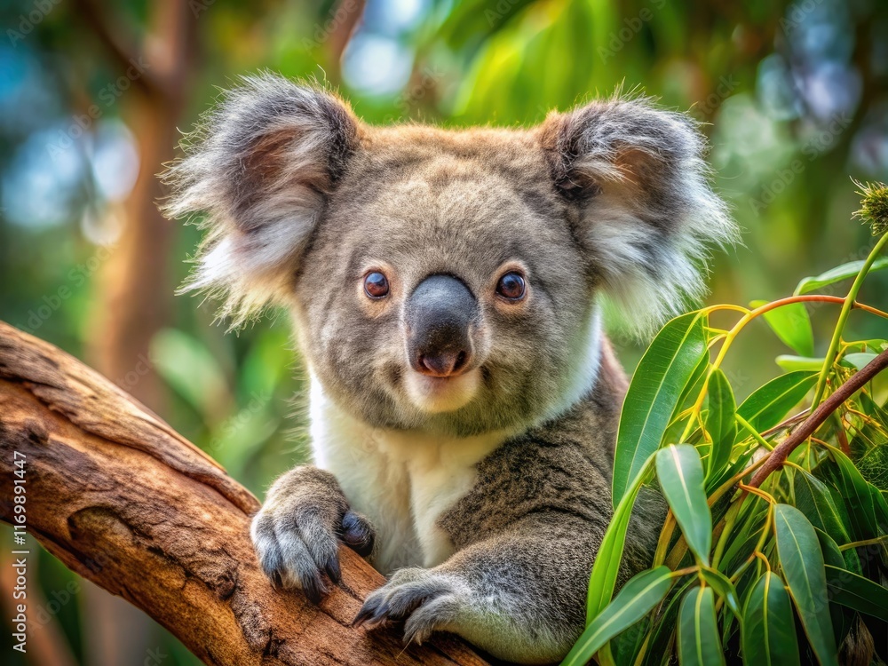 Fototapeta premium Close-up koala portrait, nestled in eucalyptus leaves, showcasing Australian wildlife.