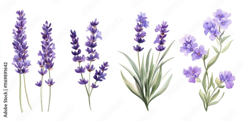 Naklejka premium A line of purple lavender flowers in a botanical style, with detailed petals and green leaves. Ideal for nature enthusiasts or those seeking garden decoration illustrations.