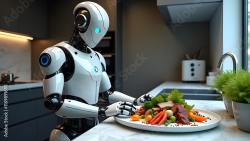 A robotic chef preparing a gourmet meal in a high-tech kitchen