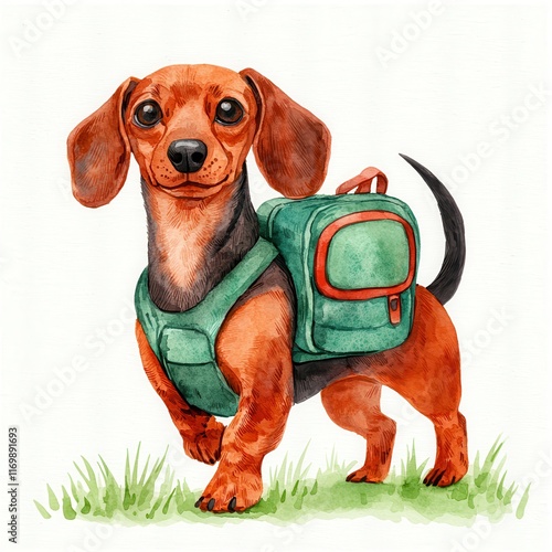Charming Dachshund with Backpack Cartoon Style for Stock Photography