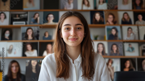 Free Download young woman with long hair smiles warmly in front of gallery of portraits. atmosphere is friendly and inviting, showcasing diverse range of expressions - GFXLoad
