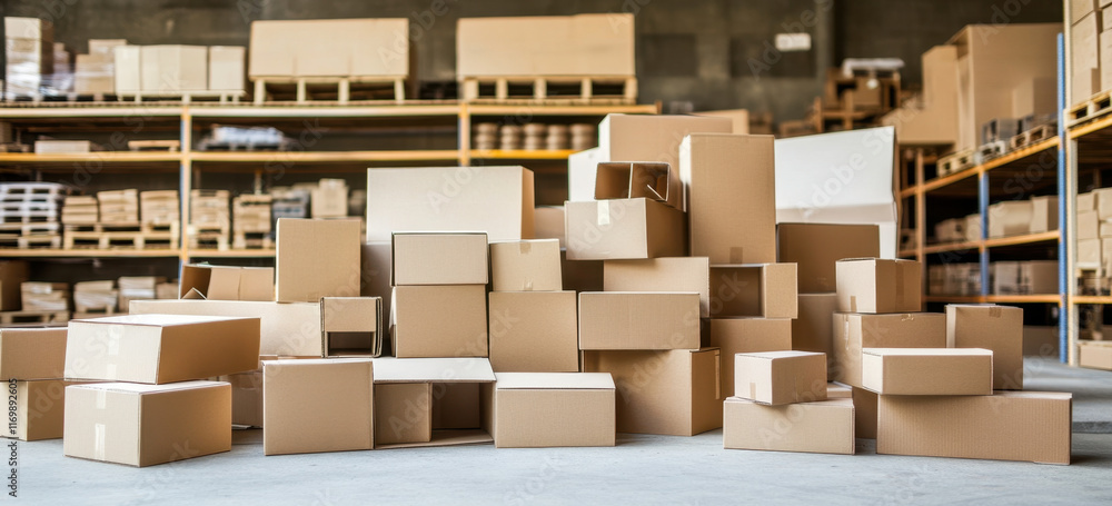 pile of cardboard boxes stacked in warehouse, showcasing various sizes and shapes. organized chaos creates sense of storage and logistics efficiency pile of cardboard boxes stacked in warehouse, showcasing various sizes and shapes. organized chaos creates sense of storage and logistics efficiency