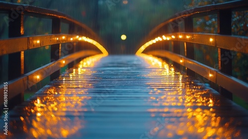 Enchanting Wooden Bridge Reflecting in Tranquil Lakeside Nightscape with Warm Glowing Illumination A Fairytale like Scene of Natural Beauty and Captivating Ambience