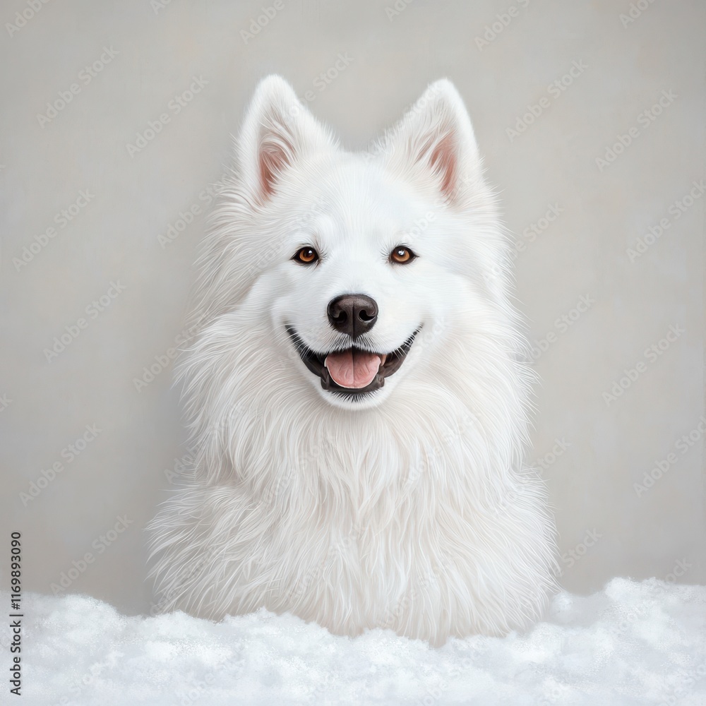 Majestic White Samoyed Dog with Bright Smile in Snowy Background Majestic White Samoyed Dog with Bright Smile in Snowy Background