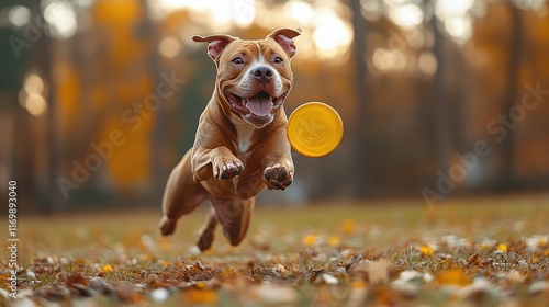 American Pit Bull Terrier leaping to catch a frisbee in mid-air