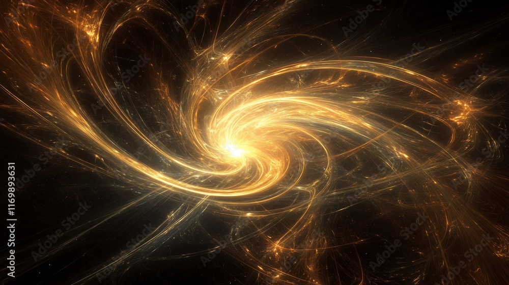 Naklejka premium 宇宙空間を高速で回転する幻想的な金色の火花の渦をリアルに描いたAI生成画像