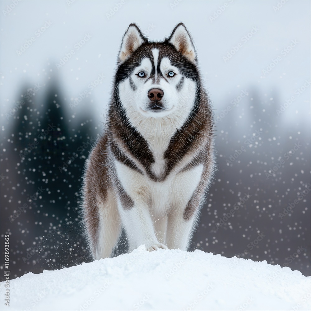 Majestic Siberian Husky Dog Standing in Snowy Winter Landscape Majestic Siberian Husky Dog Standing in Snowy Winter Landscape